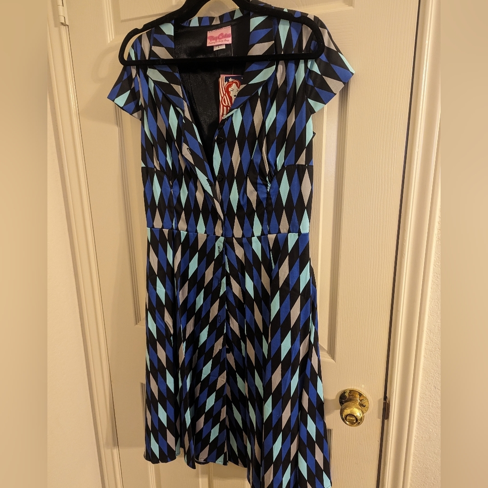 Blue House Harlequin Dress Pinup Girl Clothing NWT